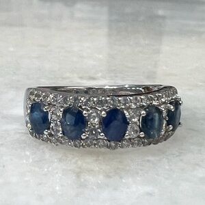 Kanchanaburi Blue Sapphire White Zircon 5 Stone Sterling Silver Ring Sz 7